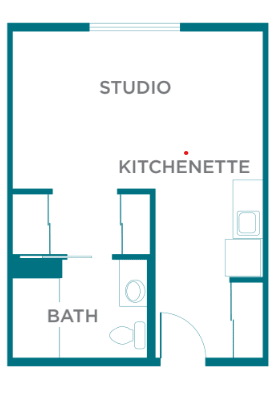 A floor plan of a studio apartment featuring a kitchenette and bathroom.