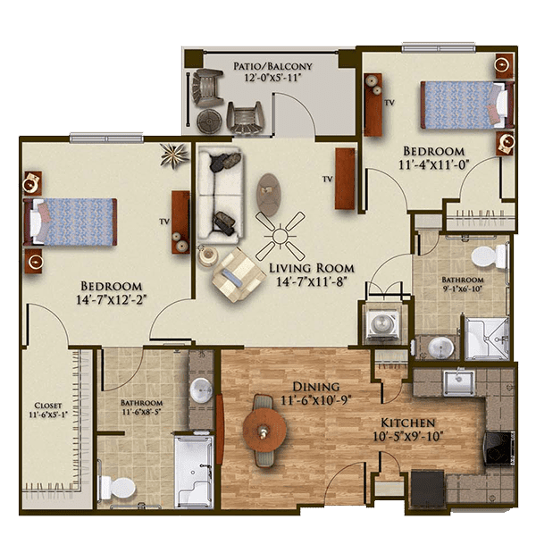 Floor plan of a two-bedroom apartment with living, dining, kitchen, and bathroom.