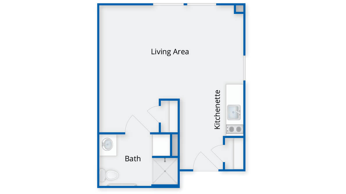 A floor plan of a studio apartment featuring a living area, kitchenette, and bathroom.