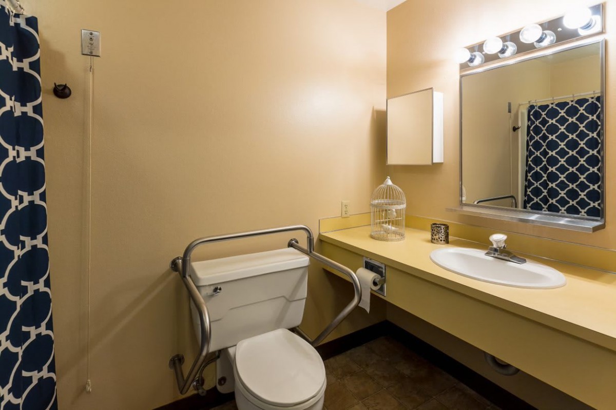 An accessible bathroom with a toilet, handrail, sink, and mirror.