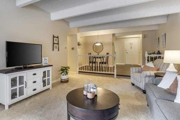 A cozy living room with modern decor, featuring a TV, coffee table, plant, and a stylish sofa.