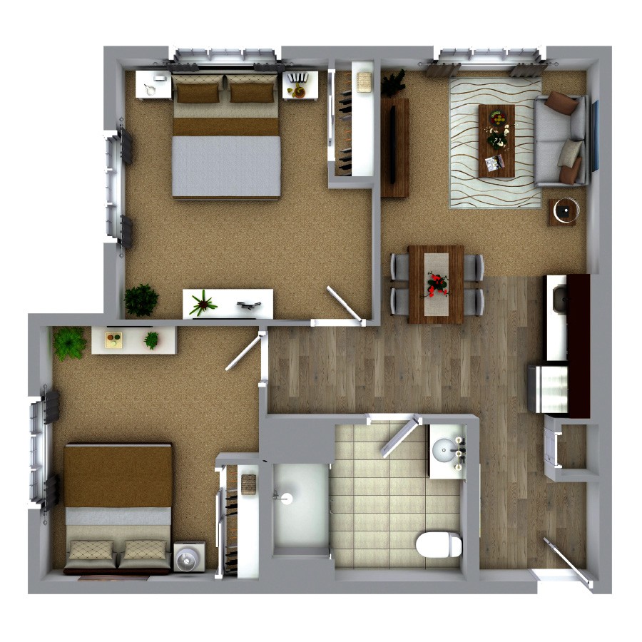 A detailed floor plan of a two-bedroom apartment with a living room, kitchen, and bathroom.