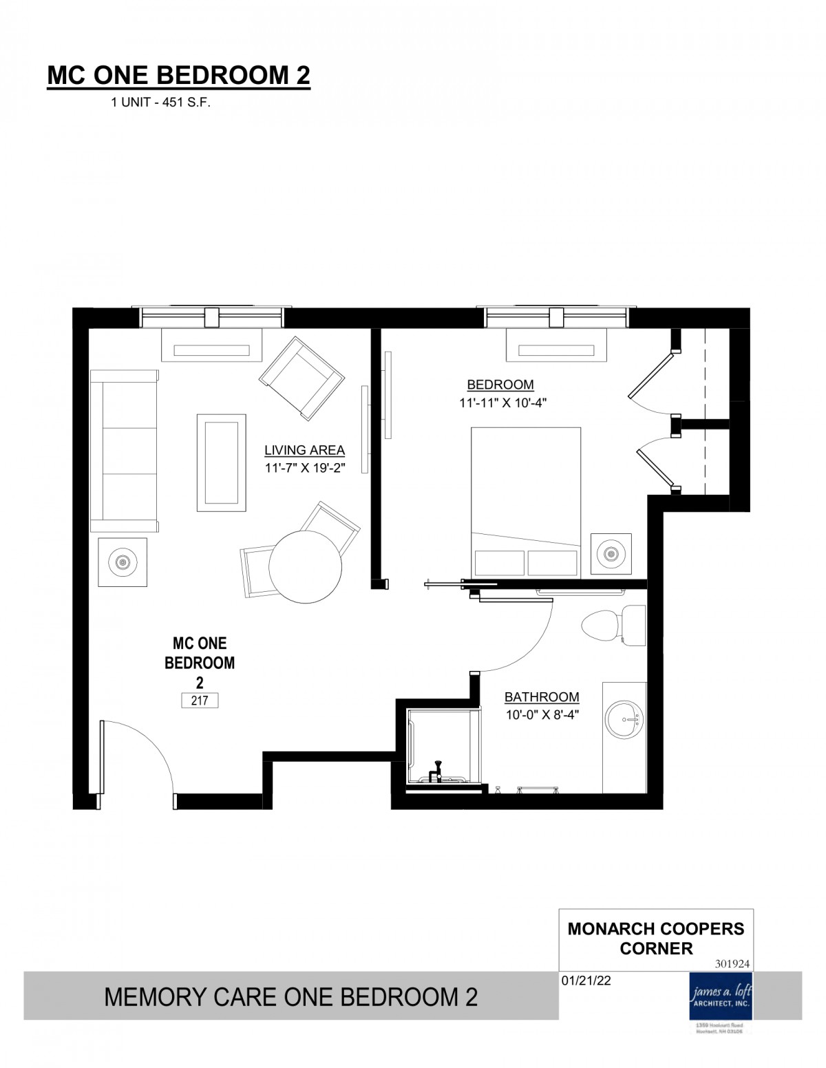 A floor plan of a one-bedroom apartment with a living room, kitchen, and bathroom.
