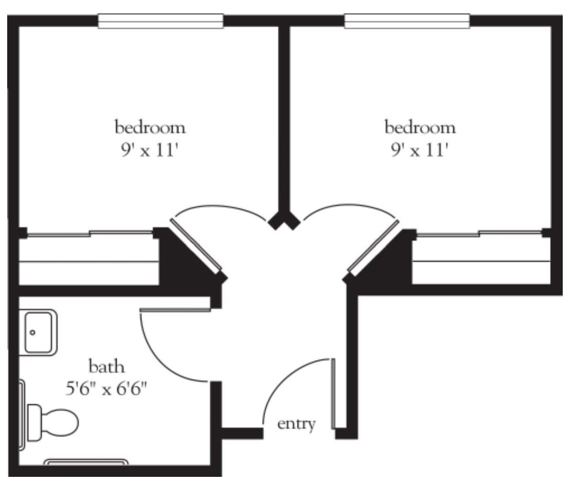 A simple floor plan showing two bedrooms, a bathroom, and a closet.