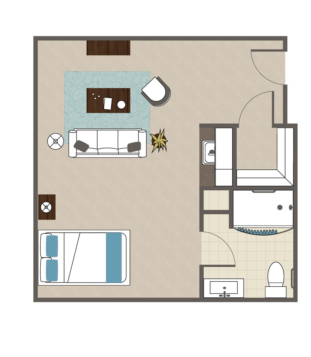 One-bedroom apartment floor plan with living area and bathroom.