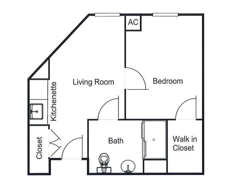 A floor plan of a one-bedroom apartment featuring a living room, bathroom, kitchenette, and walk-in closet.