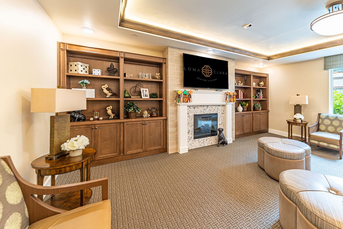 A modern living room featuring built-in bookshelves, a fireplace, and a wall-mounted television.