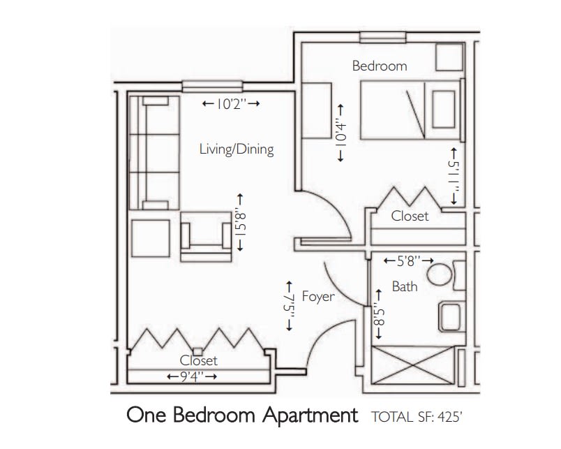 Floor plan of a one-bedroom apartment with living/dining area, bedroom, bathroom, and closet spaces.