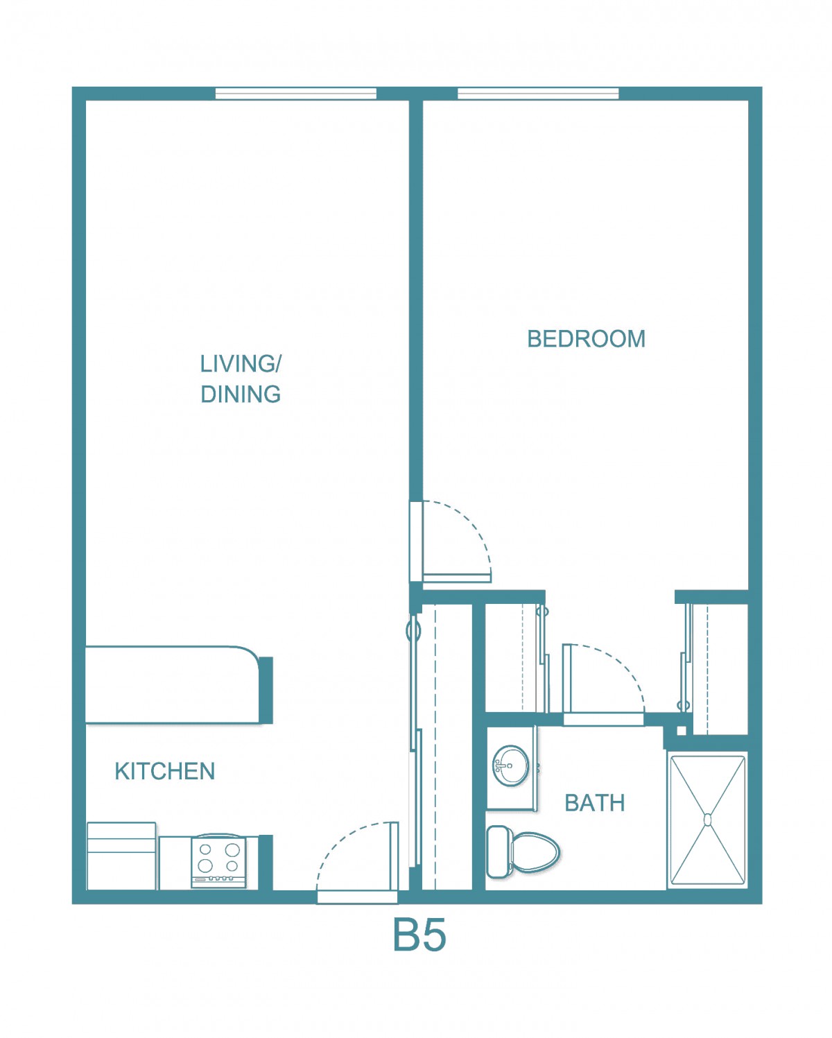 Blueprint of a one-bedroom apartment with designated living and kitchen areas.