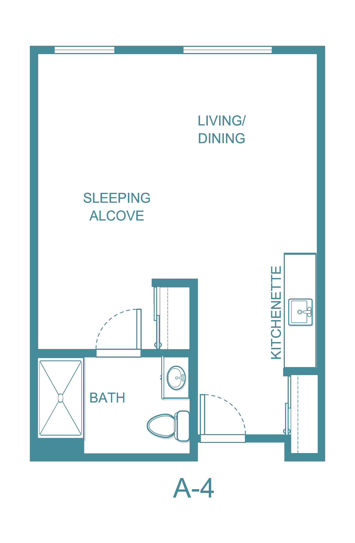Studio apartment floor plan with sleeping alcove, living/dining area, kitchenette, and bathroom.