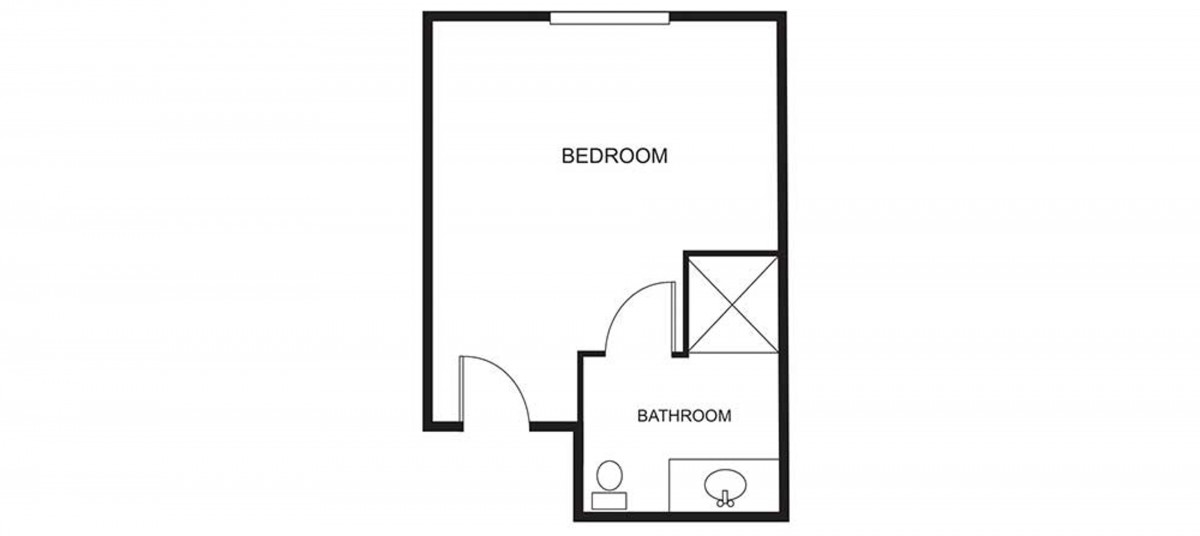 A simple floor plan showing a bedroom and bathroom.