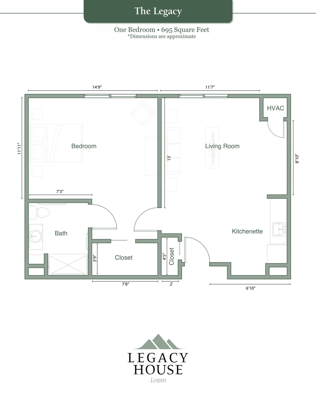 Floor plan of an apartment with designated living room, bedroom, kitchen, and closet areas.