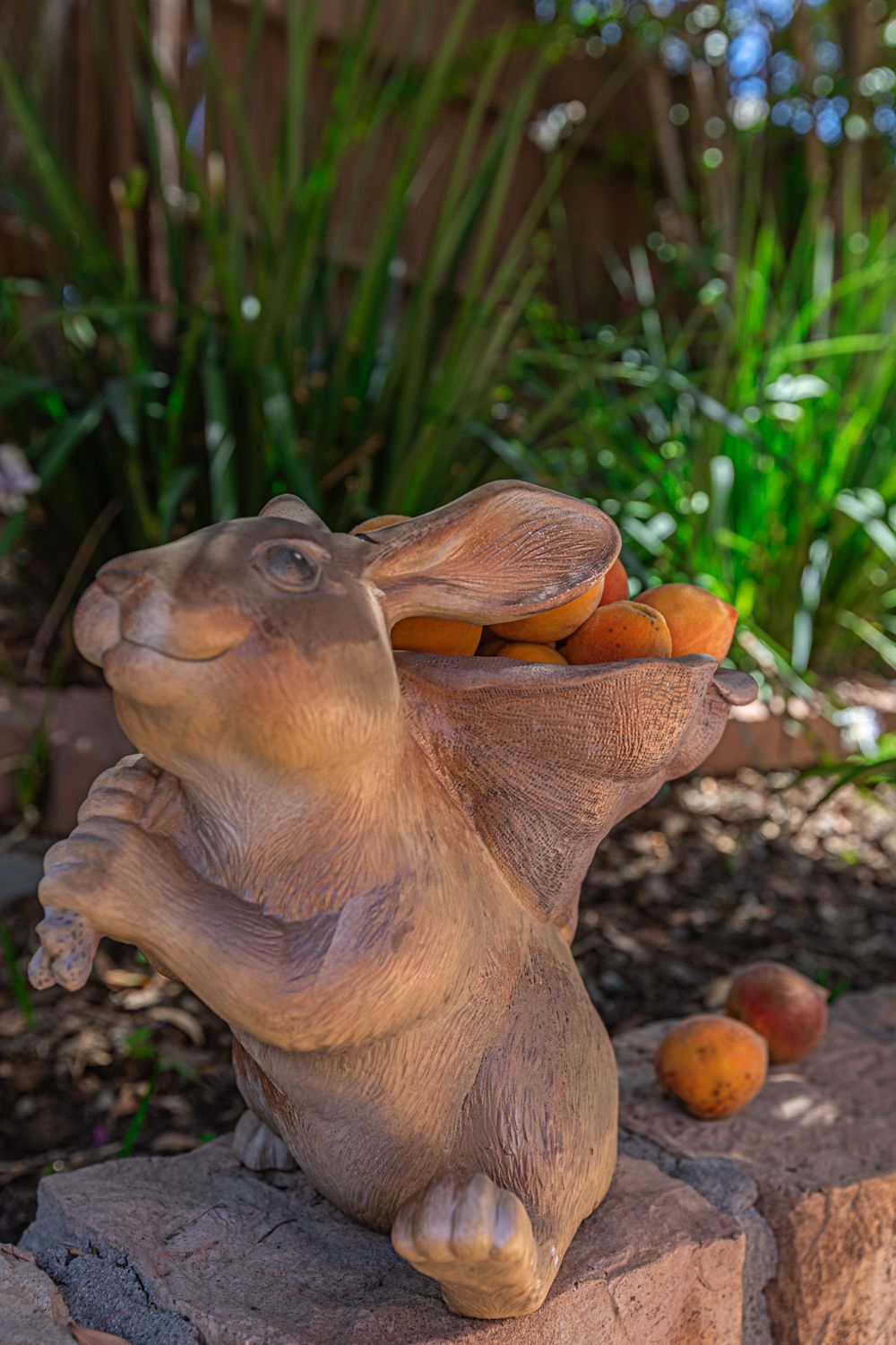 A whimsical rabbit statue holding fruit in an outdoor garden setting.