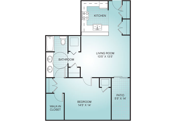 A floor plan showing the layout of a one-bedroom apartment, including a living room, kitchen, bathroom, and patio.