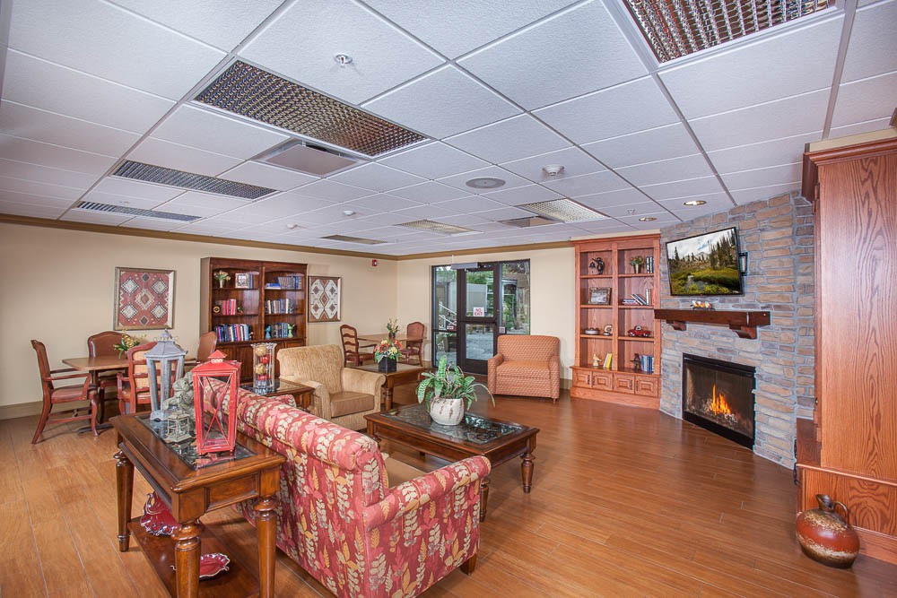 A cozy living room with comfortable seating, a fireplace, and bookshelves filled with decor.