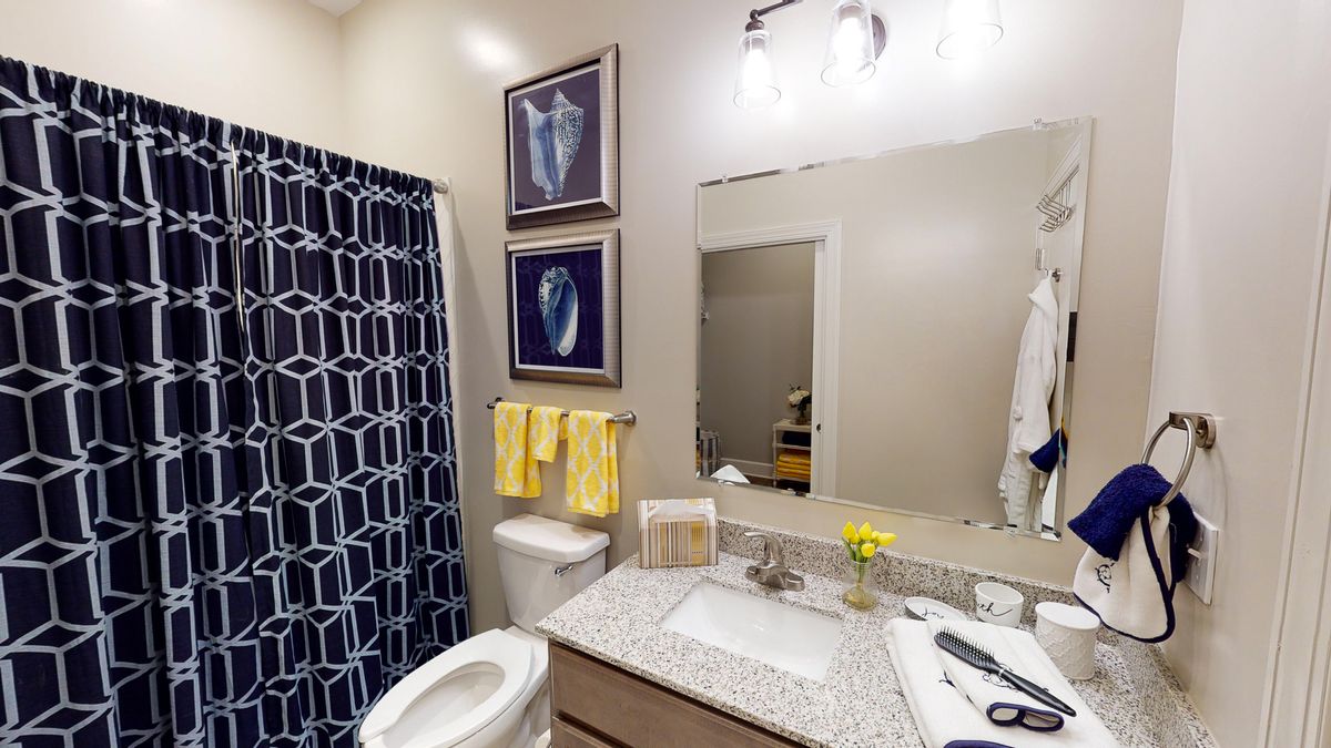 A modern bathroom featuring a geometric shower curtain, countertop with a sink, and decorative artwork.