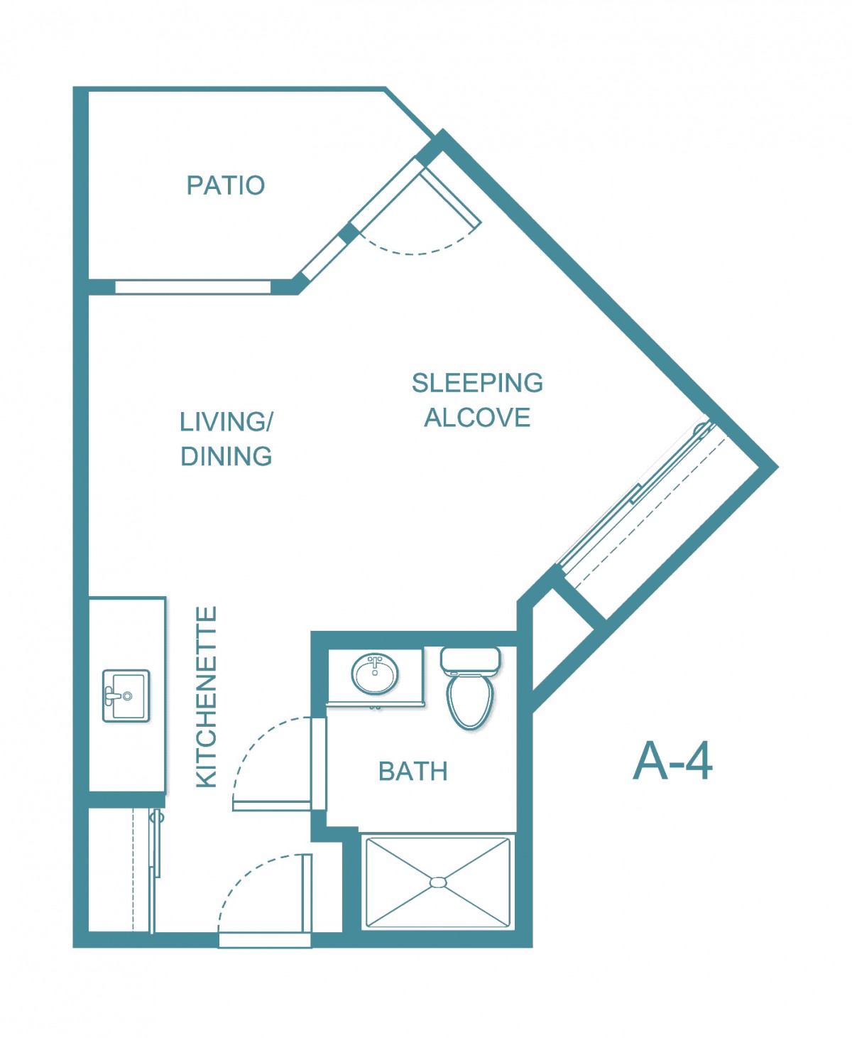 A floor plan for a studio apartment with a sleeping alcove, kitchenette, living/dining area, and patio.
