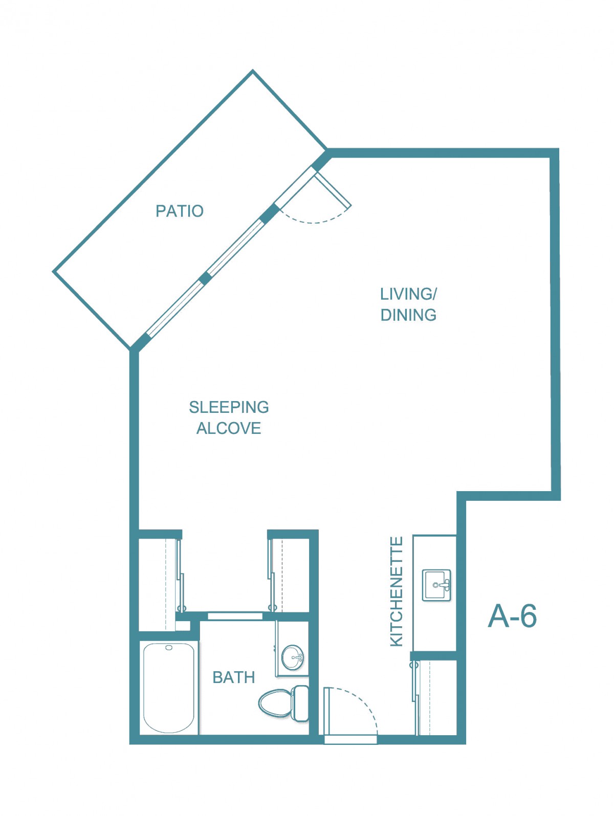 Floor plan of a studio apartment with patio, sleeping alcove, and living/dining area.