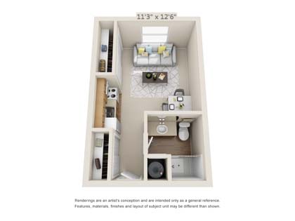 3D rendering of a compact studio apartment floor plan.