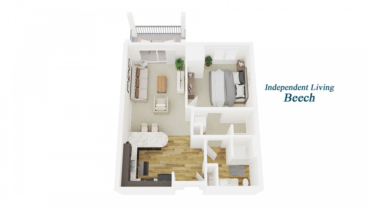 3D floor plan of a one-bedroom apartment featuring a living room, kitchen, bathroom, and bedroom.