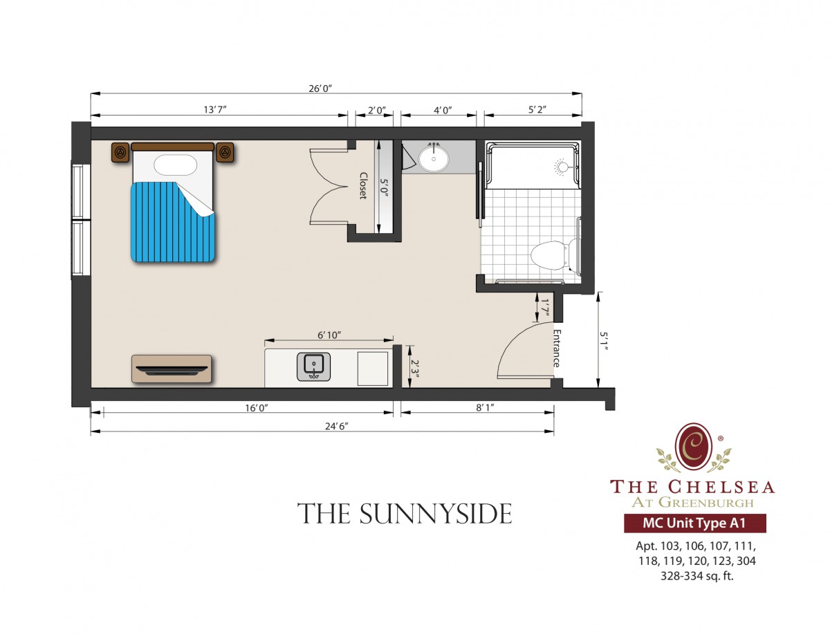 Floor plan of The Sunnyside studio apartment at The Chelsea.