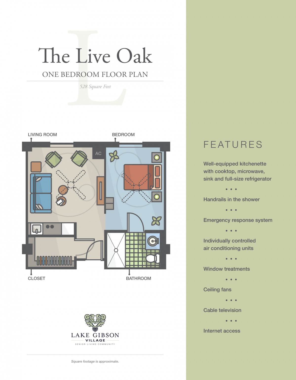 The Live Oak: One-bedroom apartment floor plan with a detailed interior layout.