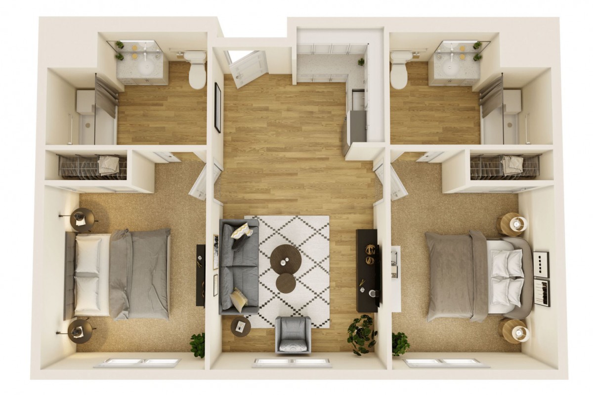 A 2-bedroom apartment floor plan featuring a central living area, two bathrooms, and a kitchen.