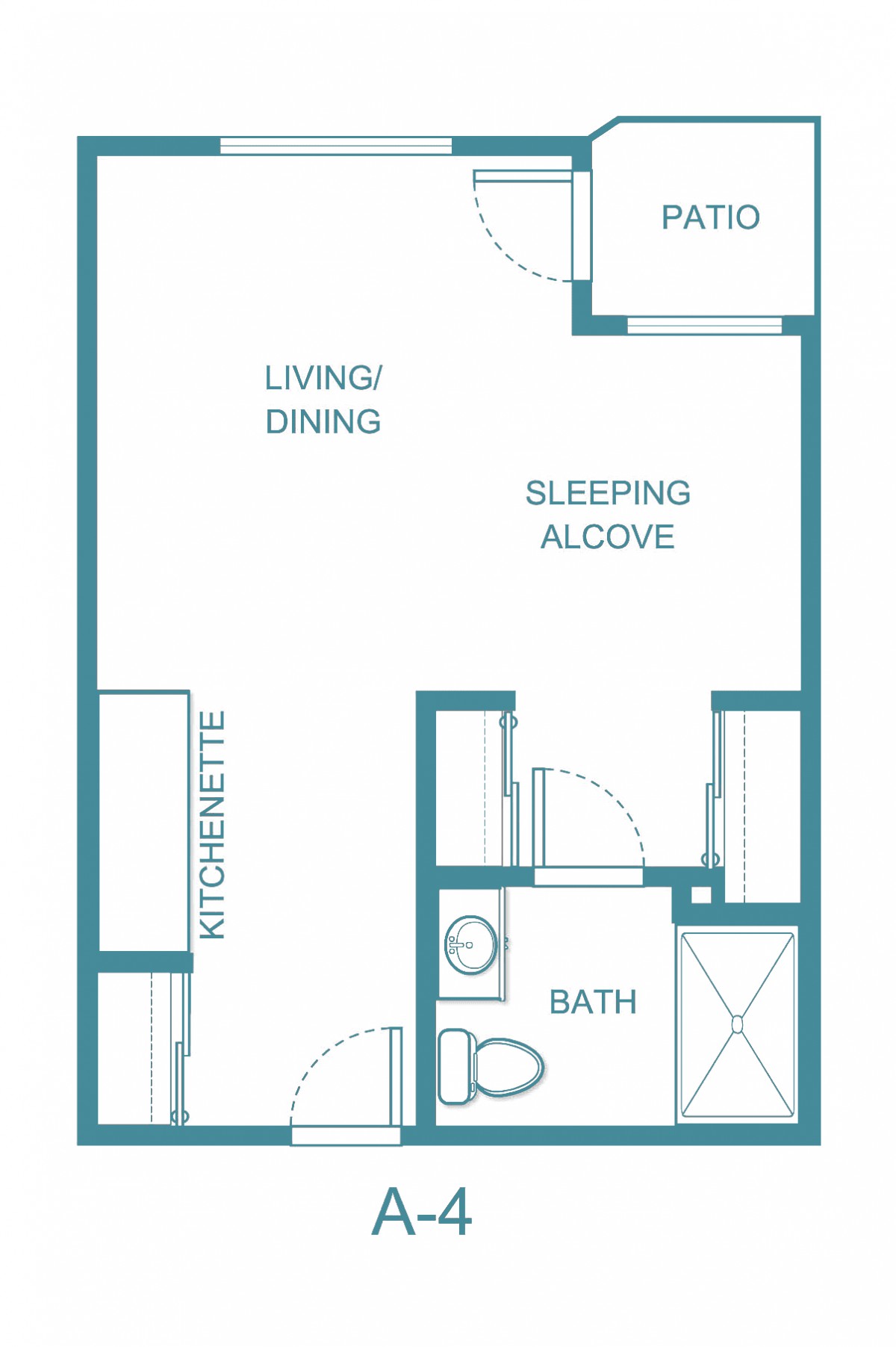 A floor plan of a studio apartment featuring a living/dining area, sleeping alcove, kitchenette, and bathroom.