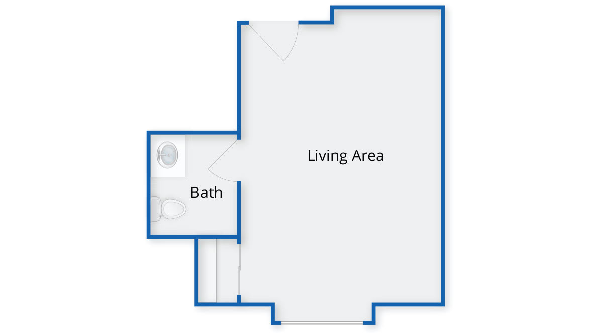 Floor plan showing a living area and a bathroom.