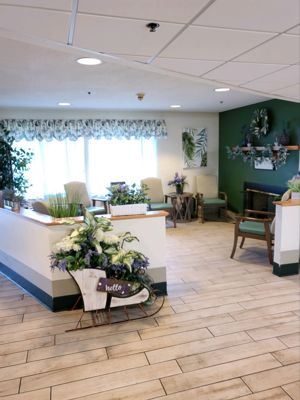 A welcoming reception area with comfortable seating, greenery, and bright lighting.
