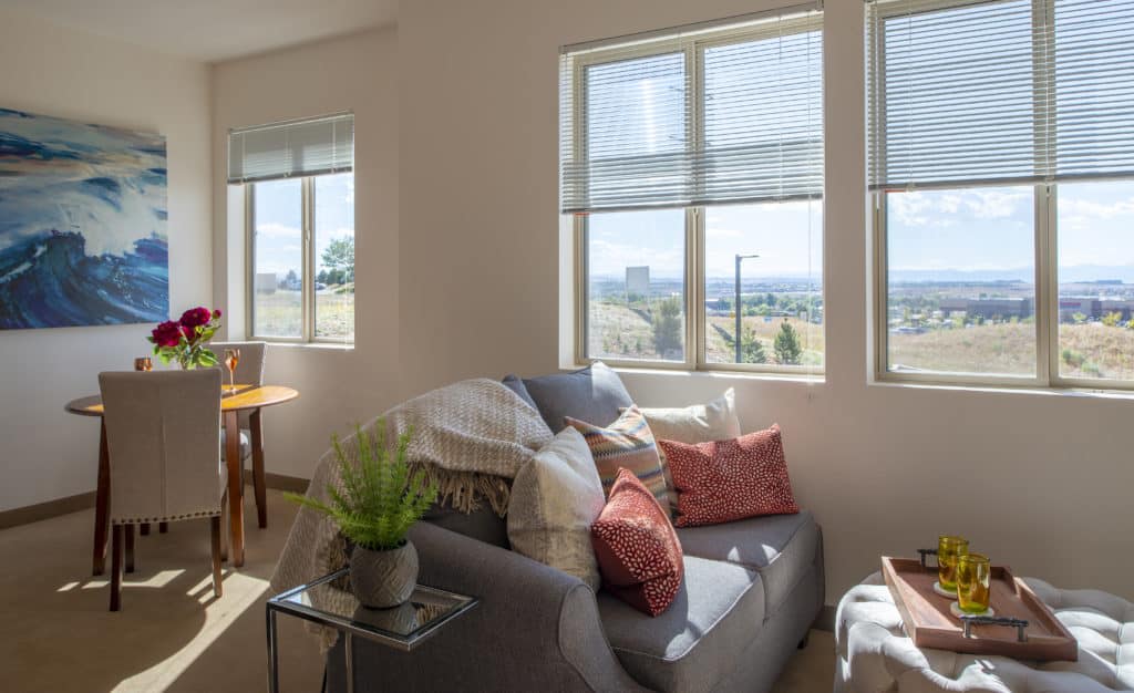 A cozy living room with a sofa, cushions, and sunlight streaming through the windows.