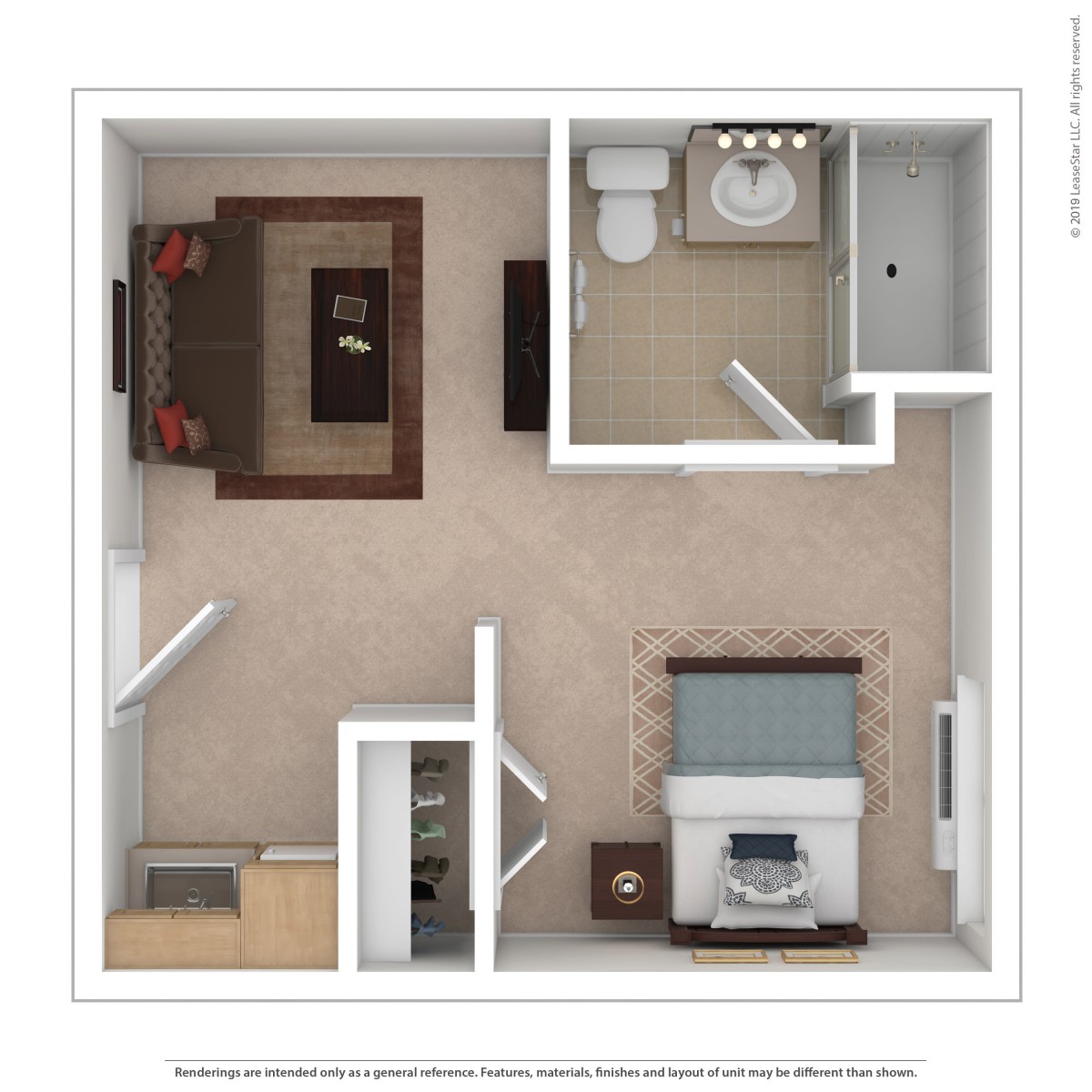 A floor plan of a small apartment with a living room, bedroom, and bathroom.