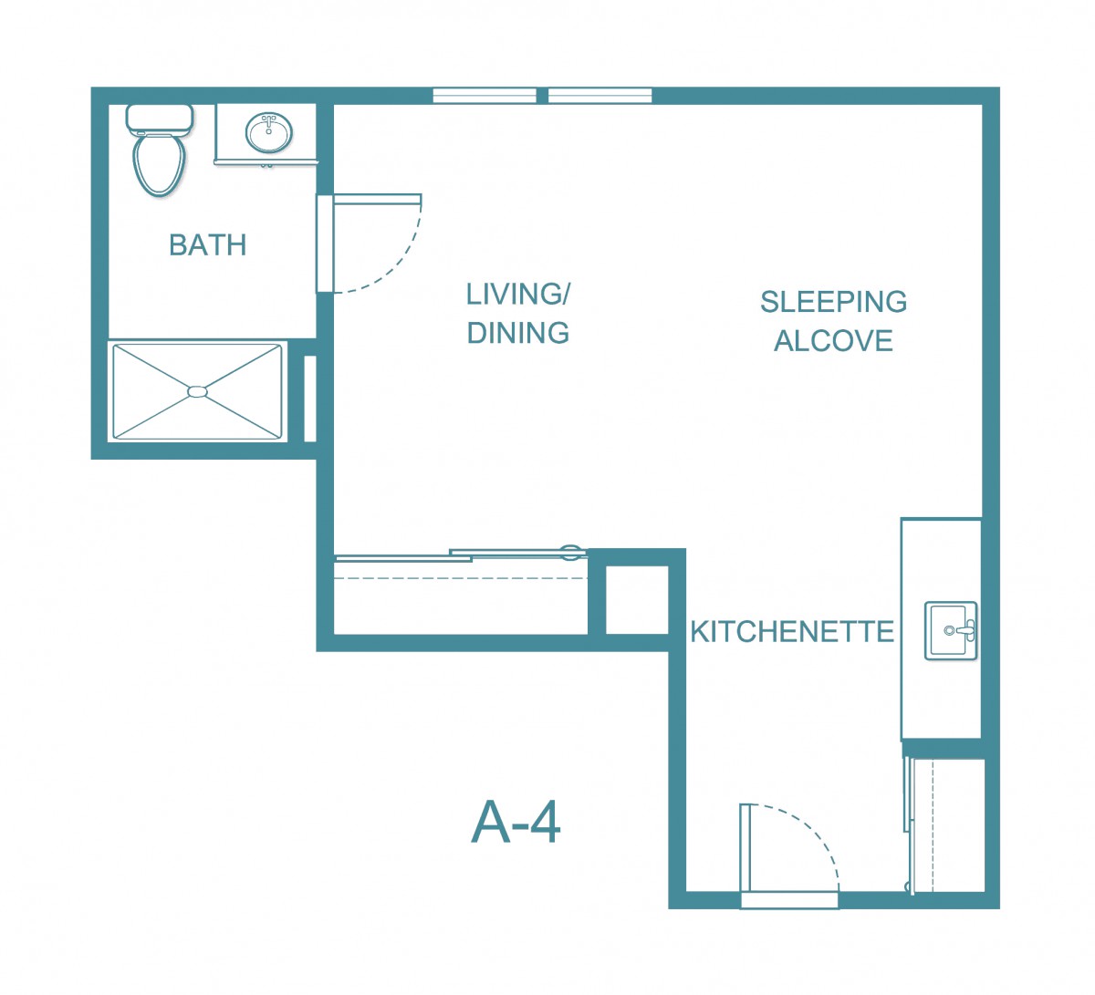 A floor plan of a studio apartment with designated areas for living, dining, and sleeping.