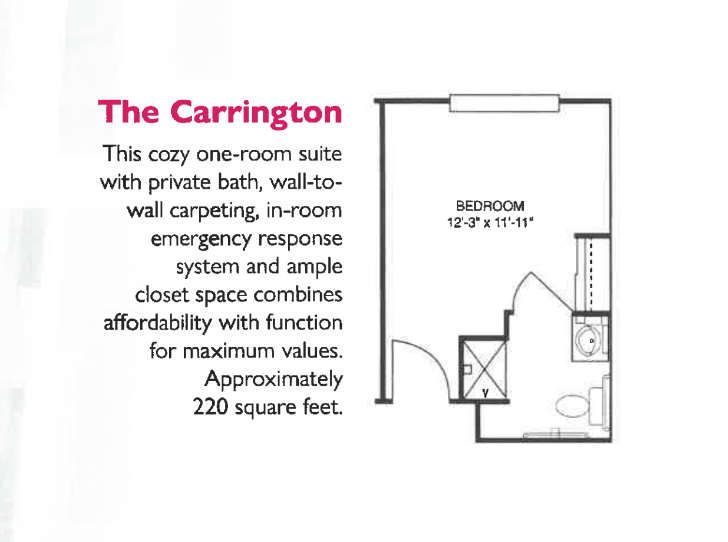 The Carrington: A cozy one-room suite with a private bath and ample closet space.