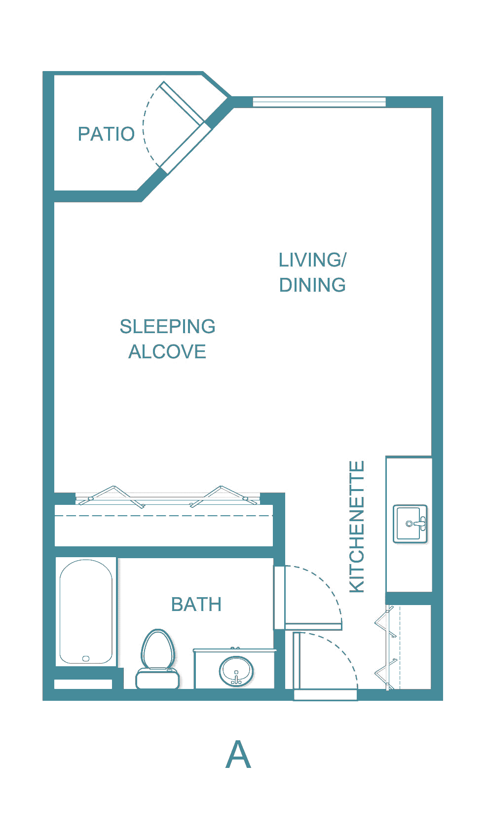 A floor plan of a studio apartment with a kitchenette, sleeping alcove, bath, and living/dining area.