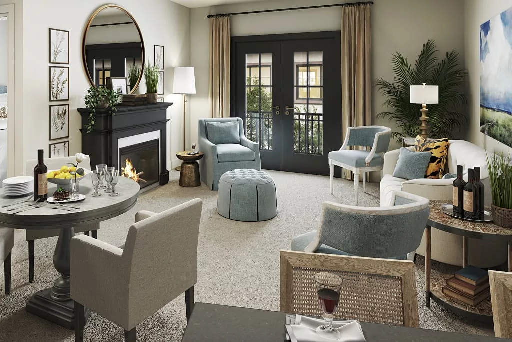 A cozy and elegantly designed living room featuring a fireplace and ample seating.