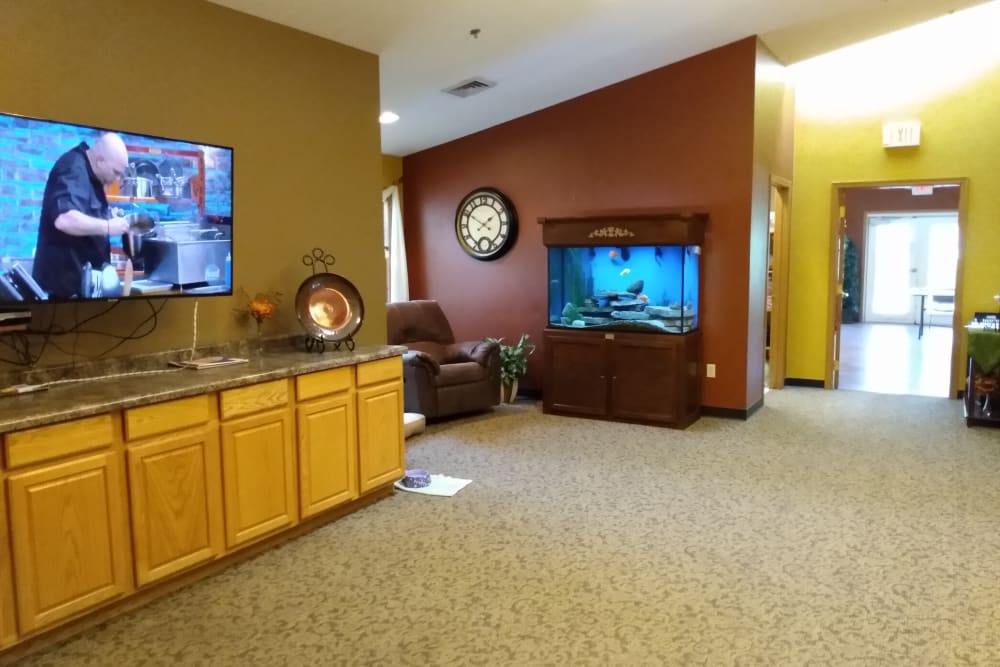 A cozy living room with a television, aquarium, and comfortable seating.