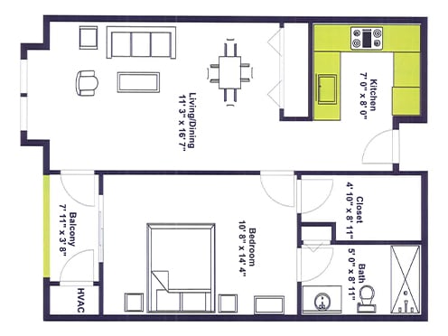 A floor plan illustrating the layout of an apartment, featuring a living room, kitchen, dining area, bedroom, and bathroom.