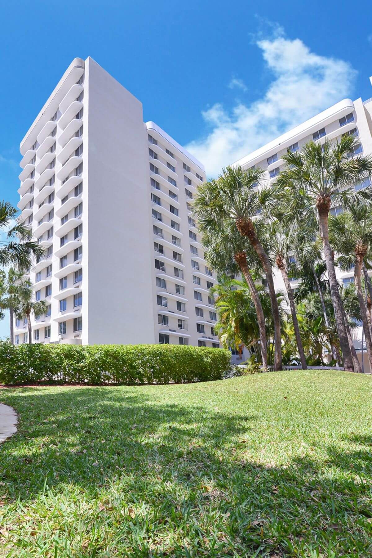 A high-rise apartment building with palm trees and a grassy area in the foreground under a clear blue sky.
