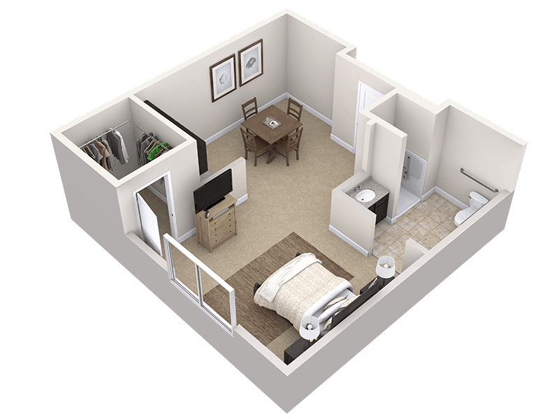 A 3D rendered floor plan of a compact apartment featuring a bedroom, living area, and dining space.