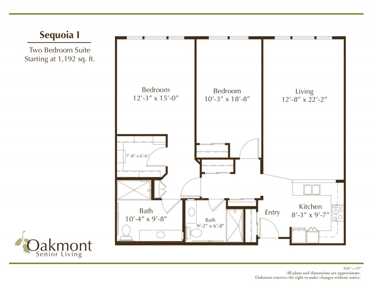 A floor plan of a two-bedroom apartment with living areas and amenities.