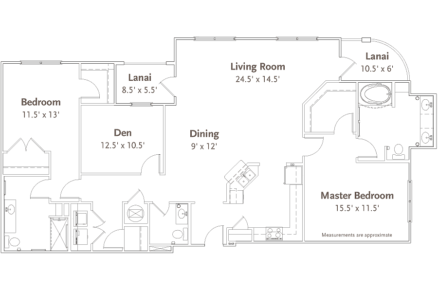 A detailed floor plan showing the layout of a house, including a living room, dining area, master bedroom, den, and lanai.