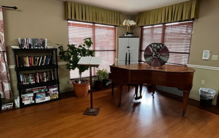 A cozy music room featuring a grand piano, bookshelf, and decorative plants.