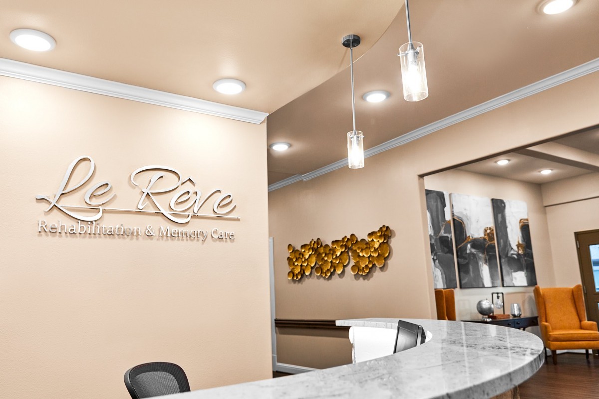 A modern reception area with stylish decor and lighting.