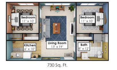 A 730 sq. ft. apartment floor plan featuring two bedrooms, a living room, a kitchen, and a bathroom.