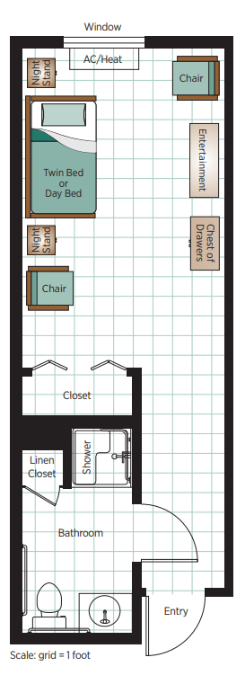 A floor plan of a bedroom featuring a chair, closet, chest of drawers, and a linen storage area.