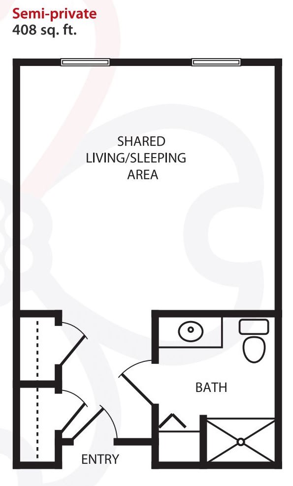 A simple floor plan showing a shared living and sleeping area with an adjoining bathroom.