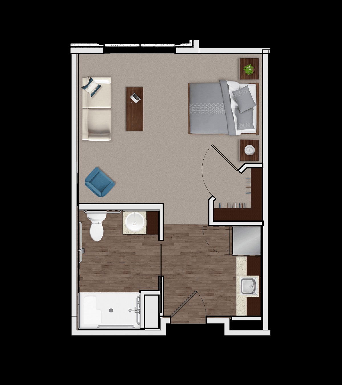 A floor plan of a compact studio apartment featuring a combined living and sleeping area, a kitchenette, and a bathroom.