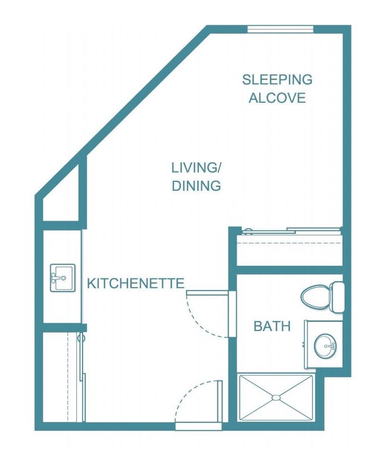 Studio apartment floor plan with a sleeping alcove, living/dining area, kitchenette, and bathroom.