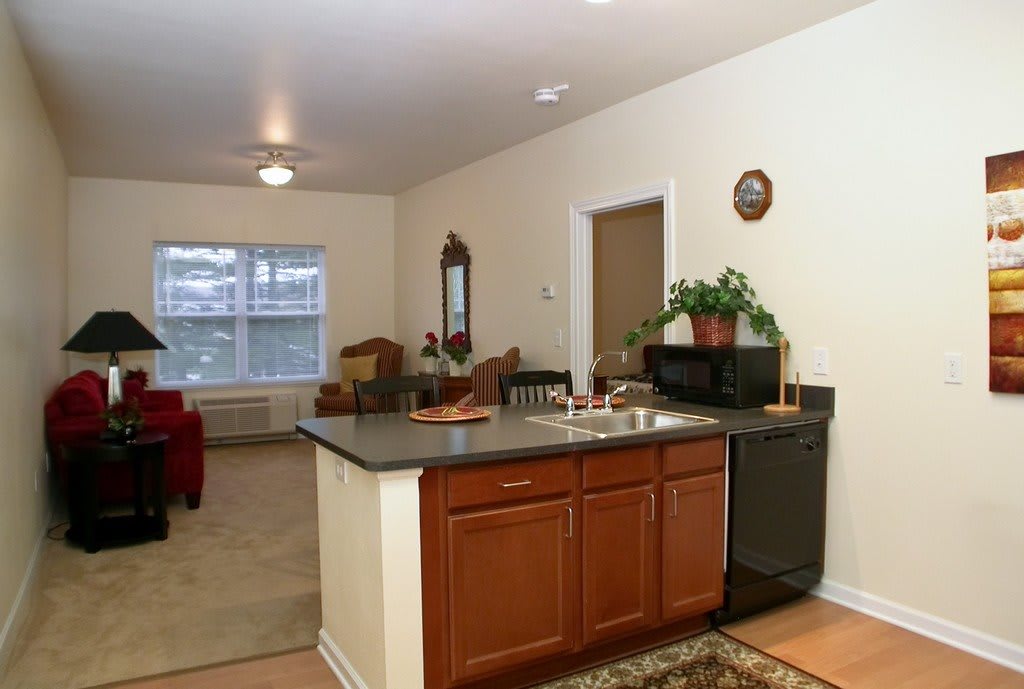 Open layout kitchen and living room with modern furnishings.